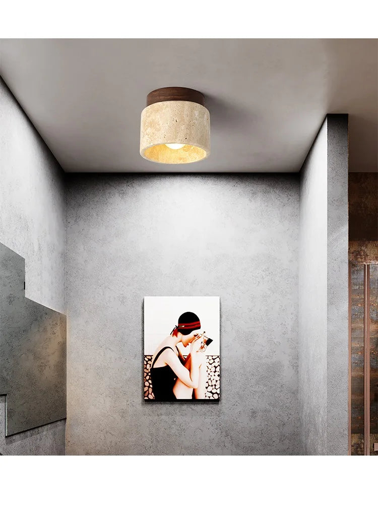 Japandi Travertine Ceiling Light Wood Cap Round Mid Century Lamp