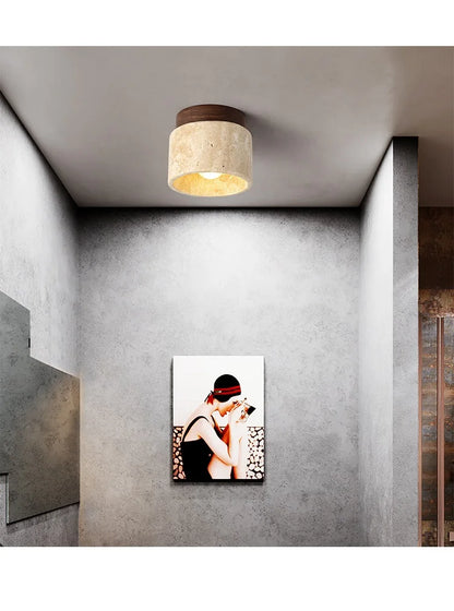 Japandi Travertine Ceiling Light Wood Cap Round Mid Century Lamp