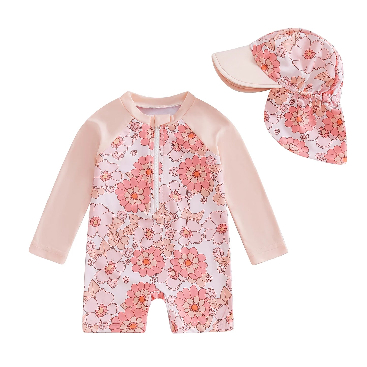 Let holdbar toddler pigebadedragt med rashguard - langærmet blomster flamingo print, polyester elastan, strandtøj