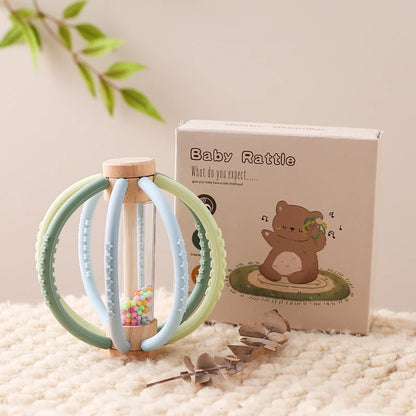 Baby Rattle Silicone Teether Wooden Newborn Sensory Toys
