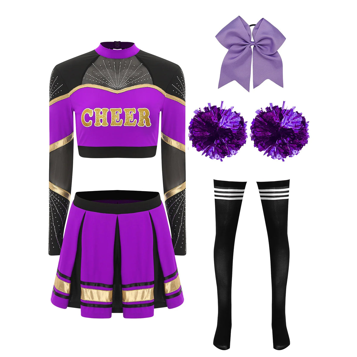 Cosplaykostuum voor cheerleaderoptredens voor vrouwen, crop-top met lange mouwen en geplooide rok met pompons 2026