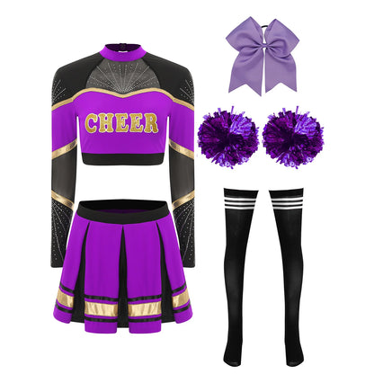 Cosplaykostuum voor cheerleaderoptredens voor vrouwen, crop-top met lange mouwen en geplooide rok met pompons 2026