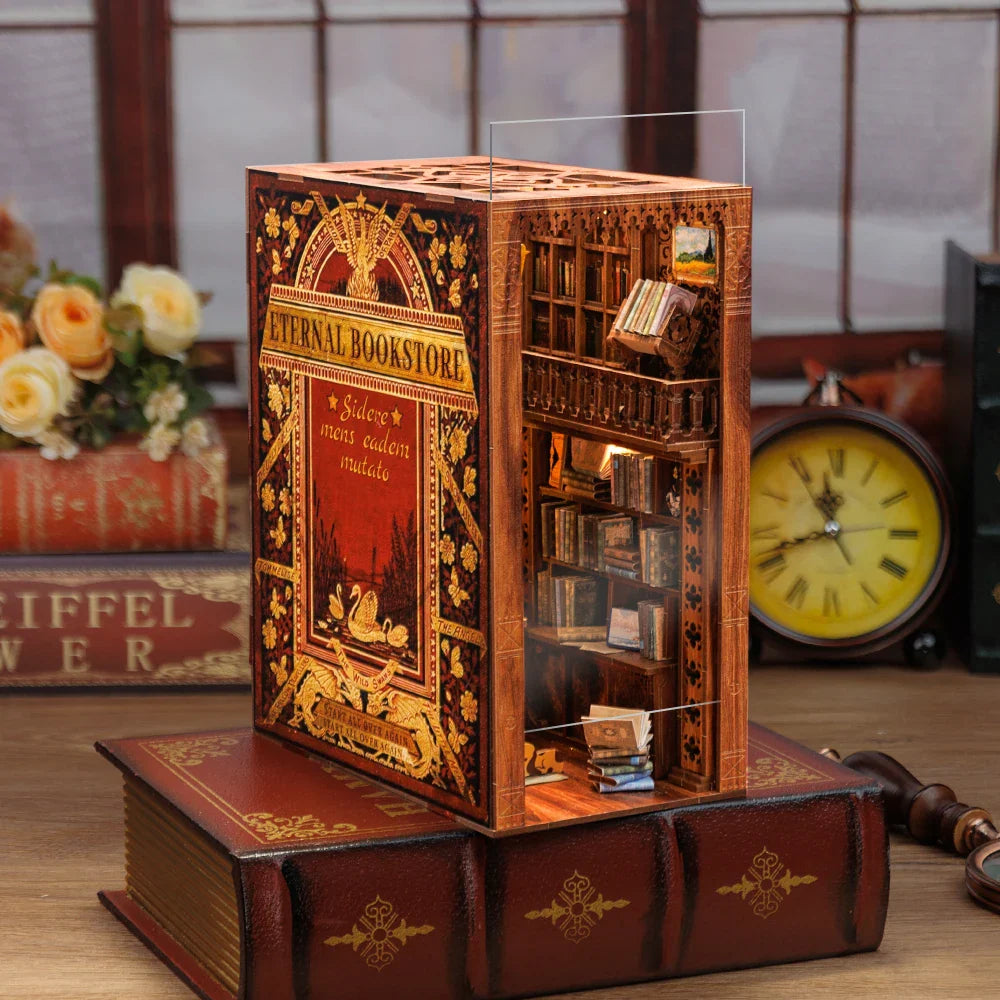 DIY bogkrog sæt træ miniature hyldeinlæg roombox dukkehus model ferie 2025 hyggeligt bibliotek gave