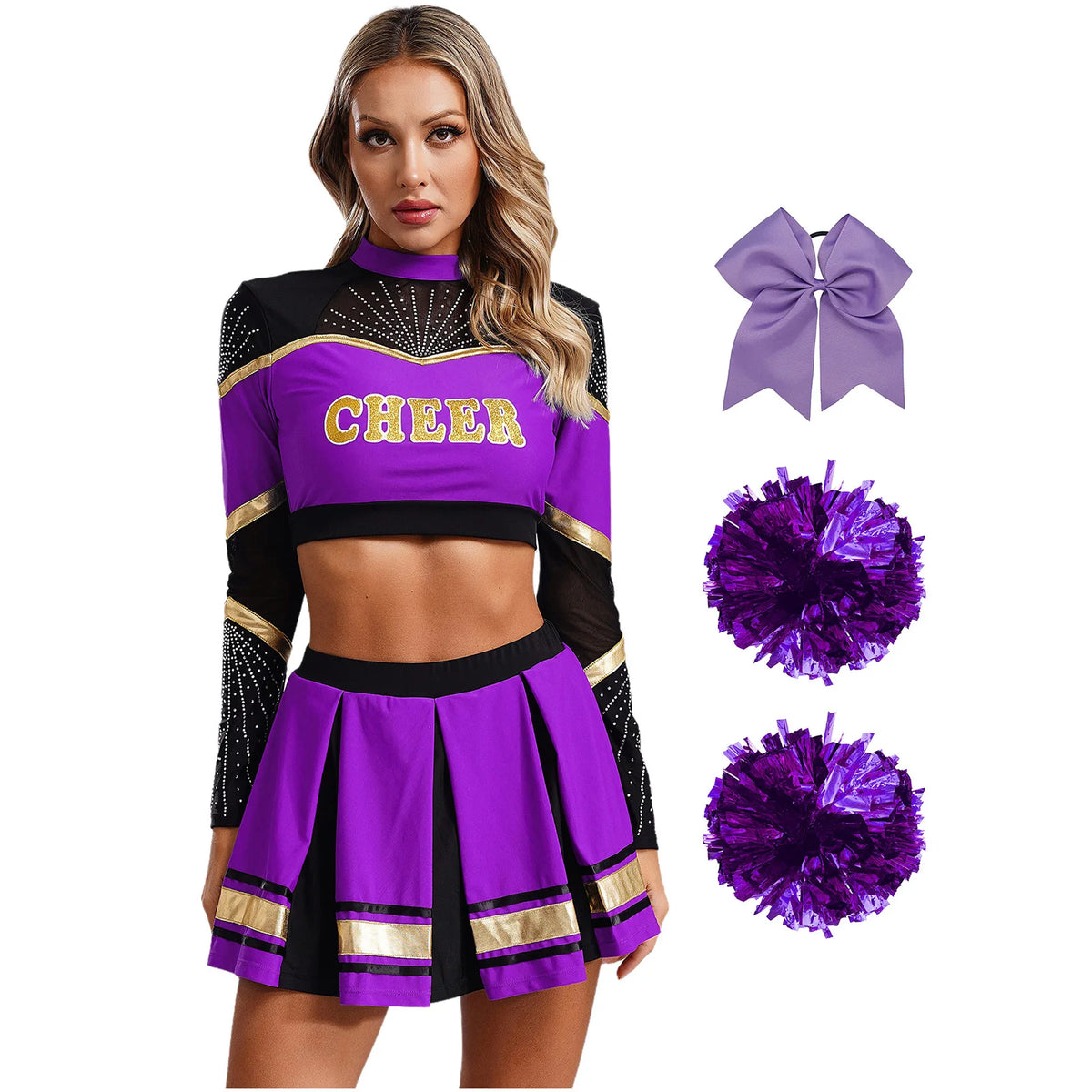Cosplaykostuum voor cheerleaderoptredens voor vrouwen, crop-top met lange mouwen en geplooide rok met pompons 2026