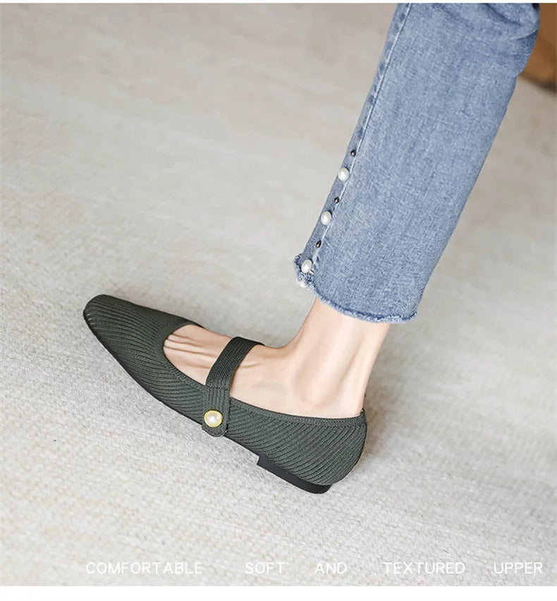 Stretchy Women Mary Jane Flats - Ribbed Knit For Spring