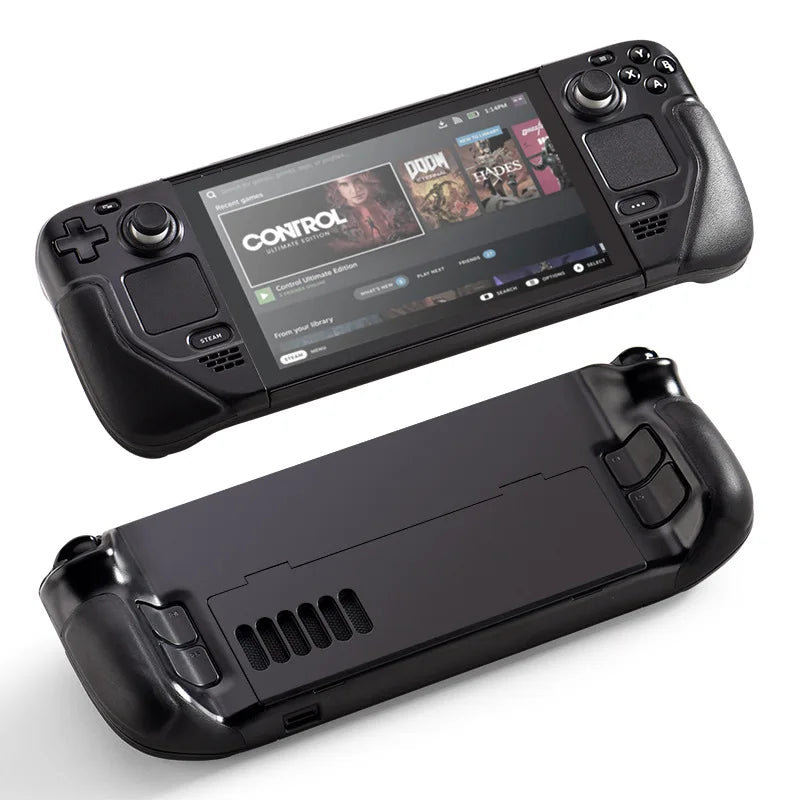 Funda para Steam Deck con envoltura de piel de vaca, agarre de cuero, carcasa rígida y soporte