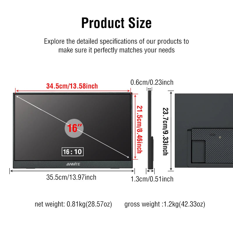 16 Inch Draagbare Touch Monitor 1920x1200 HDR10 Laag Blauw