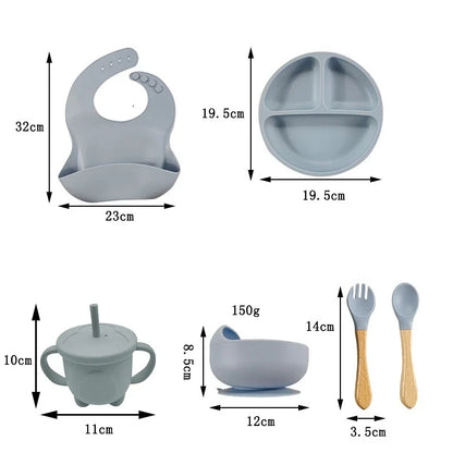 Baby-Silikon-Geschirrset 8-teilig Saugnäpfe Schalen Geteilter Teller Lätzchen Löffel Gabel Fall 2025 Selbstfütterungshilfe