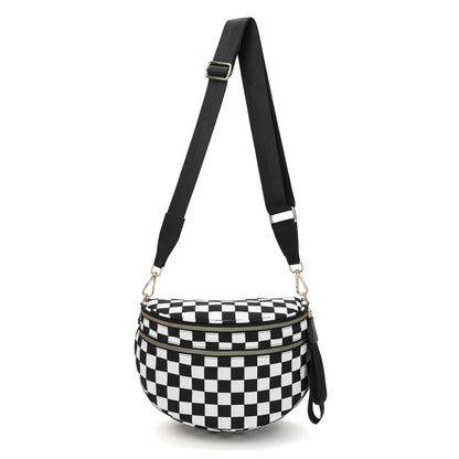 Versatile unisex crossbody bum bag – checkered nylon, box shape, travel and daily use
