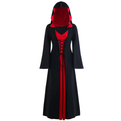 Women's Lace-Up Hooded Medieval Vampire Witch Cloak Robe - Perfect Halloween Costume for Themed Events