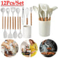 12-Piece Heat-Resistant Silicone Kitchen Utensil Set with Wooden Handles & Storage Bucket - Ideal Cooking Tools for Home Chefs