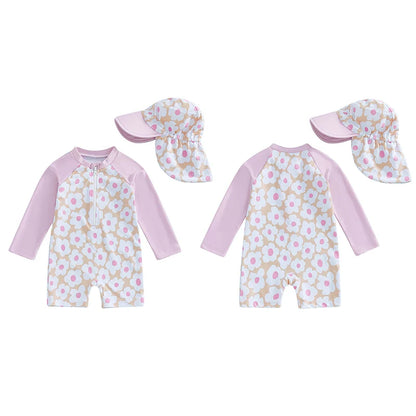 Let holdbar toddler pigebadedragt med rashguard - langærmet blomster flamingo print, polyester elastan, strandtøj
