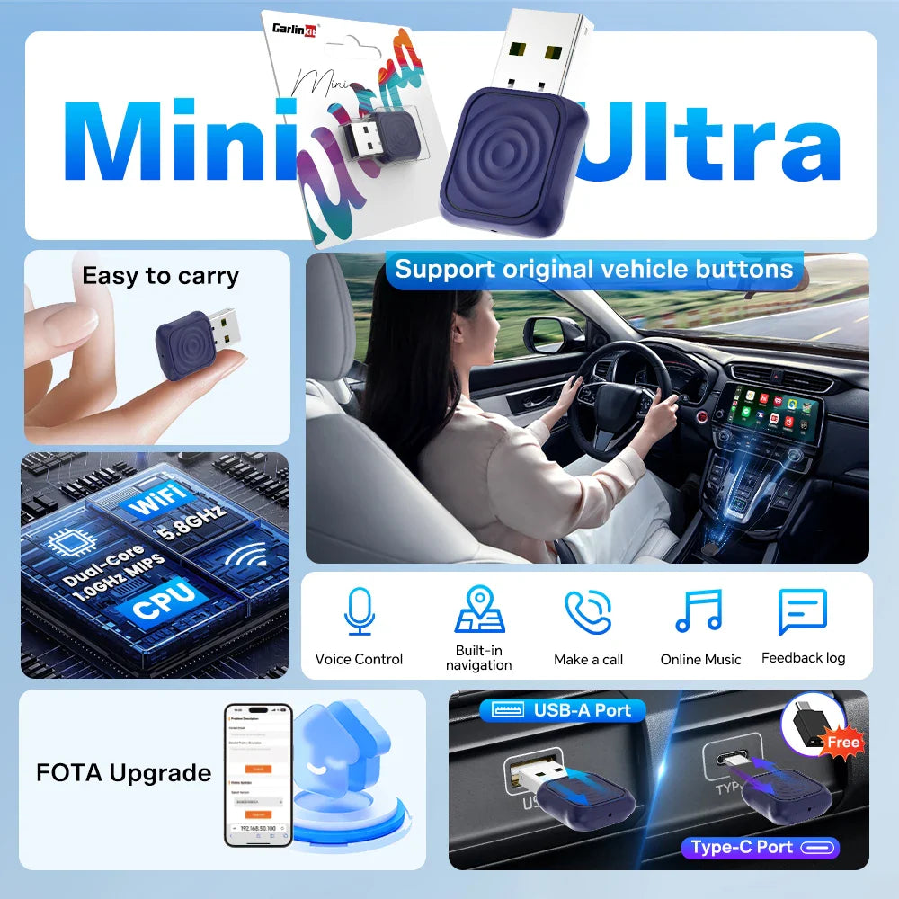 Wireless CarPlay Android Auto Adapter Mini 2-In-1 Plug And Play 5.8GHz WiFi Auto Connect OTA Upgrade Fall 2025 Gift