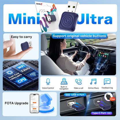 Wireless CarPlay Android Auto Adapter Mini 2-In-1 Plug And Play 5.8GHz WiFi Auto Connect OTA Upgrade Fall 2025 Gift