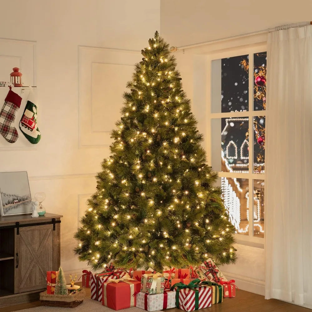 Prelit Artificial Christmas Tree with 750 Warm Lights, 1556 Branch Tips, Foot Pedal, Pine Cones & Sturdy Metal Stand