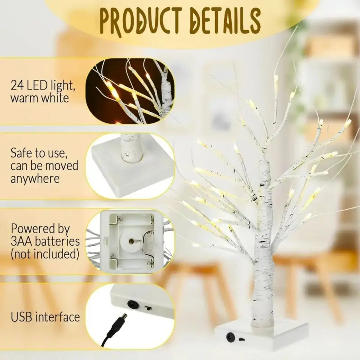 LED Easter Birch Tree Lamp USB Battery Powered Decor