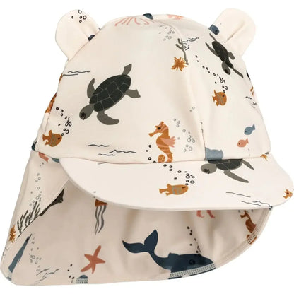 Quick-dry Kids’ Swimwear Set – Rash Guard & Hat, Nylon, Cartoon Seagull Star Print, Beach Holidays