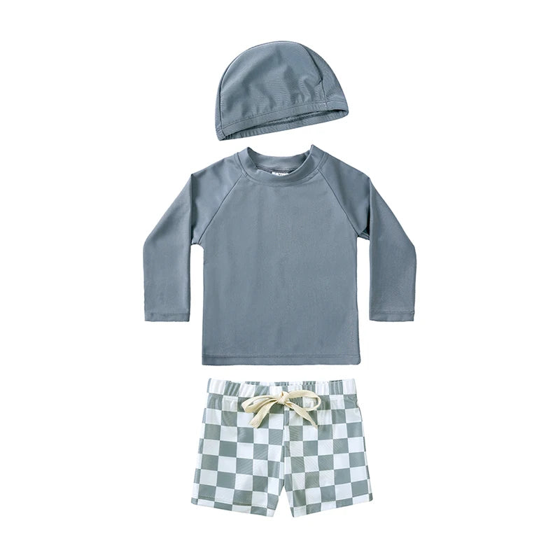 Breathable Kids Rash Guard Swim Set – Long-Sleeve Top, Swim Pants, Hat, Polyester Elastane, Beach Vacation