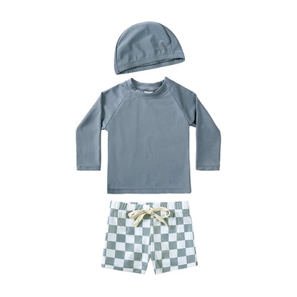 Breathable Kids Rash Guard Swim Set – Long-Sleeve Top, Swim Pants, Hat, Polyester Elastane, Beach Vacation