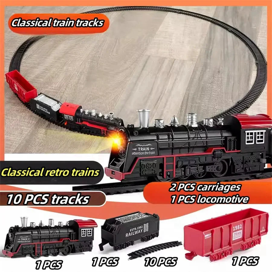 Retro Steam Electric Train Set with Lights - Christmas Railway Toy for Kids, Perfect Holiday Gift