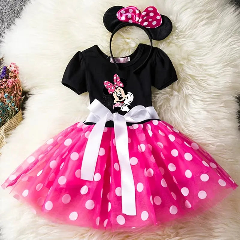 Leichtes Mädchenkleid mit Minnie-Maus-Motiv – knielanger Tupfen-Tutu, Baumwoll-Polyester-Voile, Geburtstagsfeier