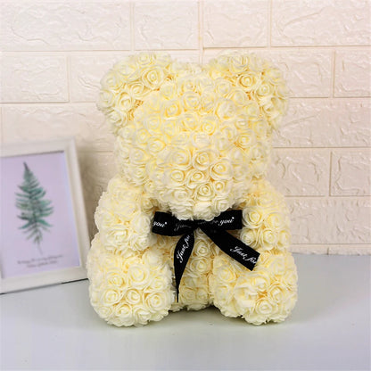 Faux-Rosen-Teddybär mit Geschenkbox und Lichtern - Romantisches Jubiläums- oder Valentinstagsgeschenk, Hochzeitsdekoration