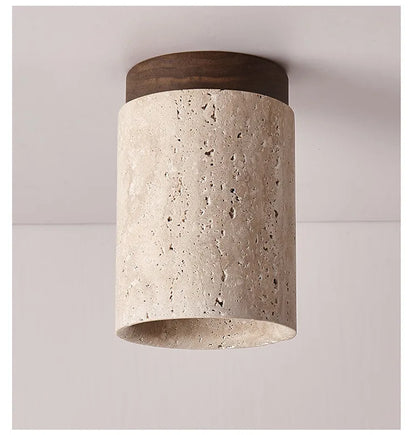 Japandi Travertine Ceiling Light Wood Cap Round Mid Century Lamp