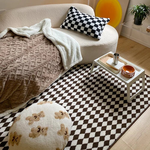 Checkerboard Plush Area Rug Japanese Style Minimalist