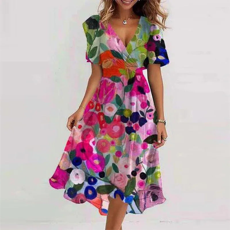 Sexy Deep V-neck Print Women's Summer Dresses - Elegant Swing Party Office Wear