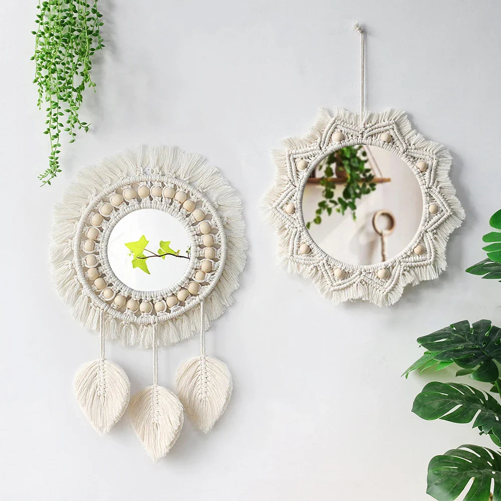 Set di Specchi Macramè con Frangia in Cotone Specchi da Parete Boho Appendibili Autunno 2025 Decorazione Accogliente per Cameretta Regalo per la Casa