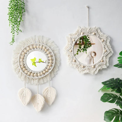 Set di Specchi Macramè con Frangia in Cotone Specchi da Parete Boho Appendibili Autunno 2025 Decorazione Accogliente per Cameretta Regalo per la Casa