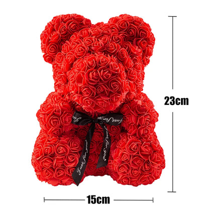 Faux-Rosen-Teddybär mit Geschenkbox und Lichtern - Romantisches Jubiläums- oder Valentinstagsgeschenk, Hochzeitsdekoration