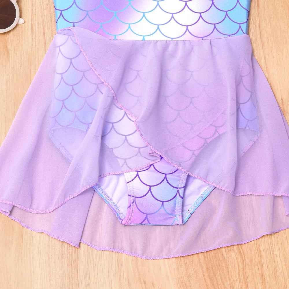 Quick-Dry Durable Girls' One-Piece Swimsuit – Mermaid-Scale Print, Ruffle Sleeves, Tulle, Polyester Elastane, Beach