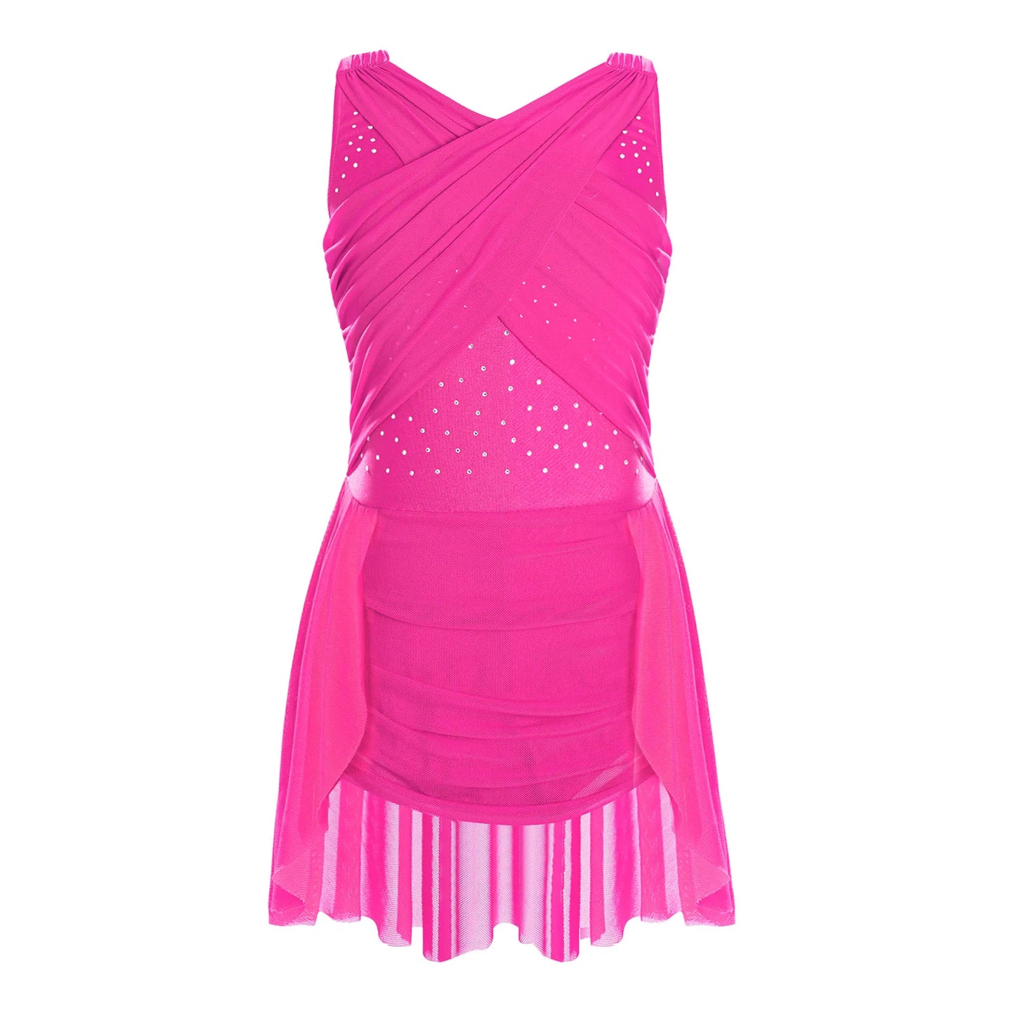 Lightweight Girls' Leotard - Rhinestone Embellished, Mesh Skirt, Polyester/Nylon/Elastane, For Ballet, Gymnastics