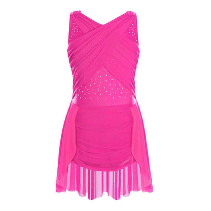 Lightweight Girls' Leotard - Rhinestone Embellished, Mesh Skirt, Polyester/Nylon/Elastane, For Ballet, Gymnastics