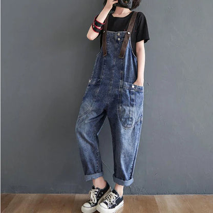 Vintage Big Pocket Suspender Jeans Trousers - Women's Casual Denim Harem Pants