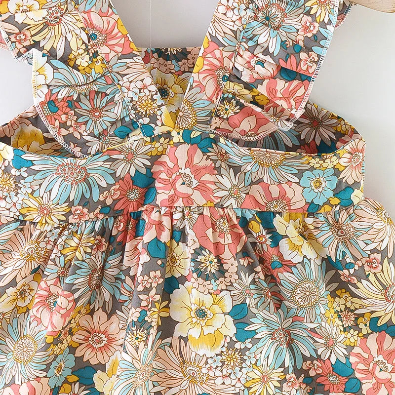 Soft Cozy Baby Girl Dress - Floral Flutter Sleeve, Polyester, For Summer Outings And Playtime