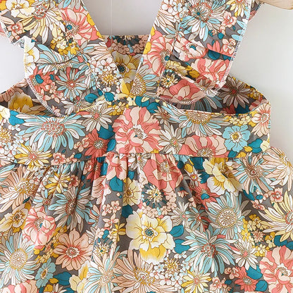 Soft Cozy Baby Girl Dress - Floral Flutter Sleeve, Polyester, For Summer Outings And Playtime