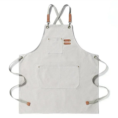 Grembiule da chef in tela con spallacci incrociati, grembiule da lavoro con rifiniture in pelle e tasche Autunno 2025 resistente per barbecue e officina