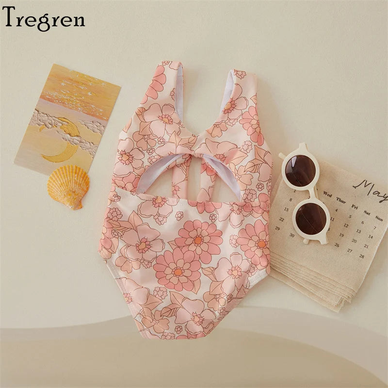 Soft Toddler Girls' One-Piece Swimsuit - Floral Print Bow-Tie Detail, Polyester, For Summer