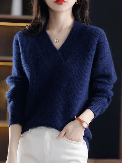 Maglione morbido da donna a collo a V in maglia - lana a coste rilassata