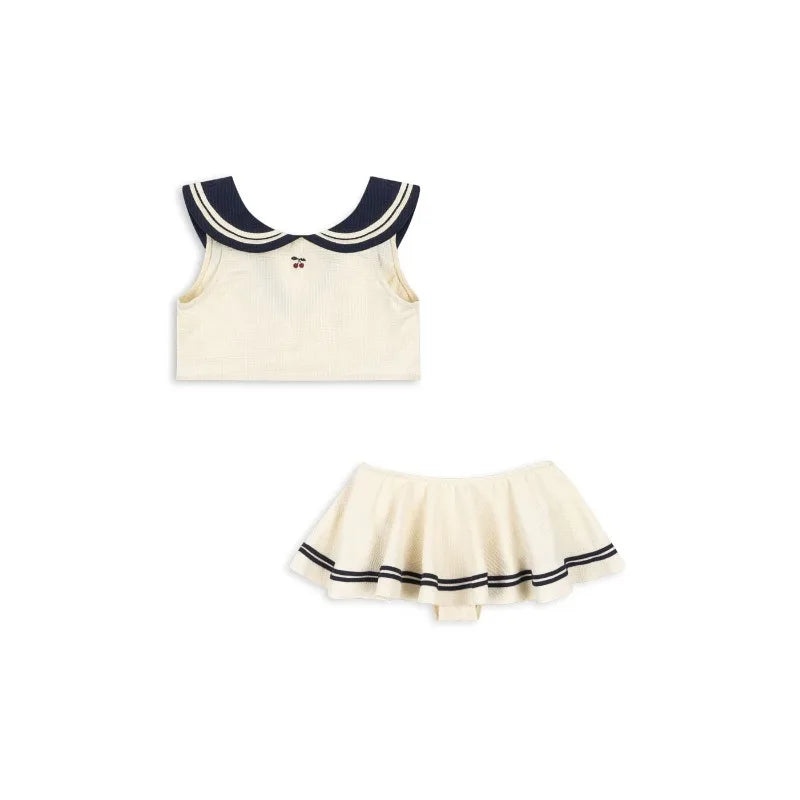 Blødt unisex baby badetøj sæt - klassisk sømand-stil heldragt, top, nederdel og romper, nylon, sommerstranddage