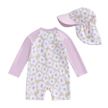 Let holdbar toddler pigebadedragt med rashguard - langærmet blomster flamingo print, polyester elastan, strandtøj