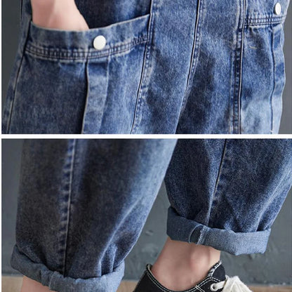 Vintage Big Pocket Suspender Jeans Trousers - Women's Casual Denim Harem Pants