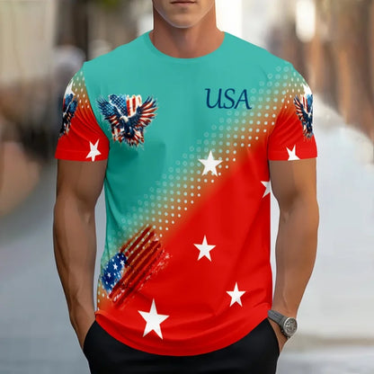 Soft men's tee - relaxed fit, 3D print patriotic eagle and flag graphic, casual wear