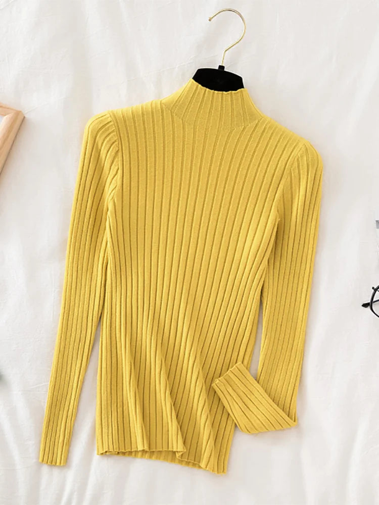Stretchy Flattering Women Ribbed Sweater - Mock Neck, Knit