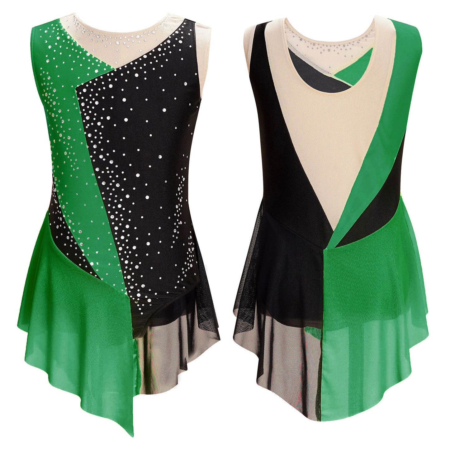 Stretchy girls' leotard - rhinestone mesh yoke, sleeveless, polyester, nylon, elastane, for lyrical dance performance