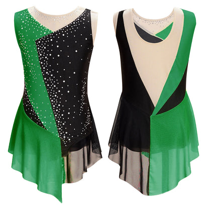 Stretchy girls' leotard - rhinestone mesh yoke, sleeveless, polyester, nylon, elastane, for lyrical dance performance