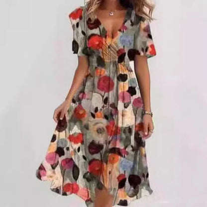 Sexy Deep V-neck Print Women's Summer Dresses - Elegant Swing Party Office Wear