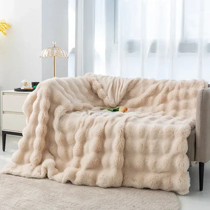 Luxury Plush Flannel Throw Blanket - Tuscan Faux Rabbit Fur, Bubble Plaid Design for Winter Warmth and Sofa Decor